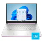 Laptop HP 14 inch màu bạc với màn hình hiển thị logo HP trên nền trắng