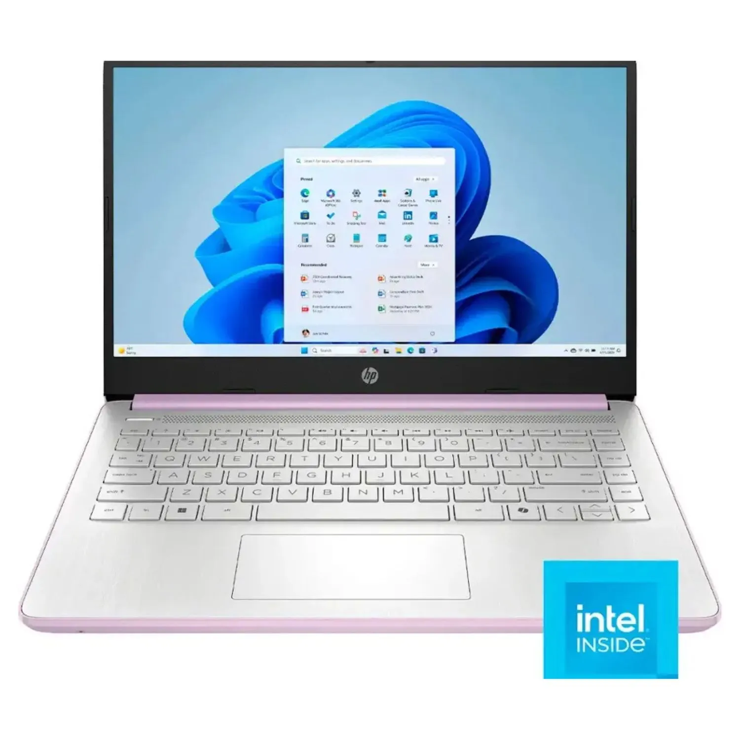 Laptop HP 14 inch màu bạc với màn hình hiển thị logo HP trên nền trắng