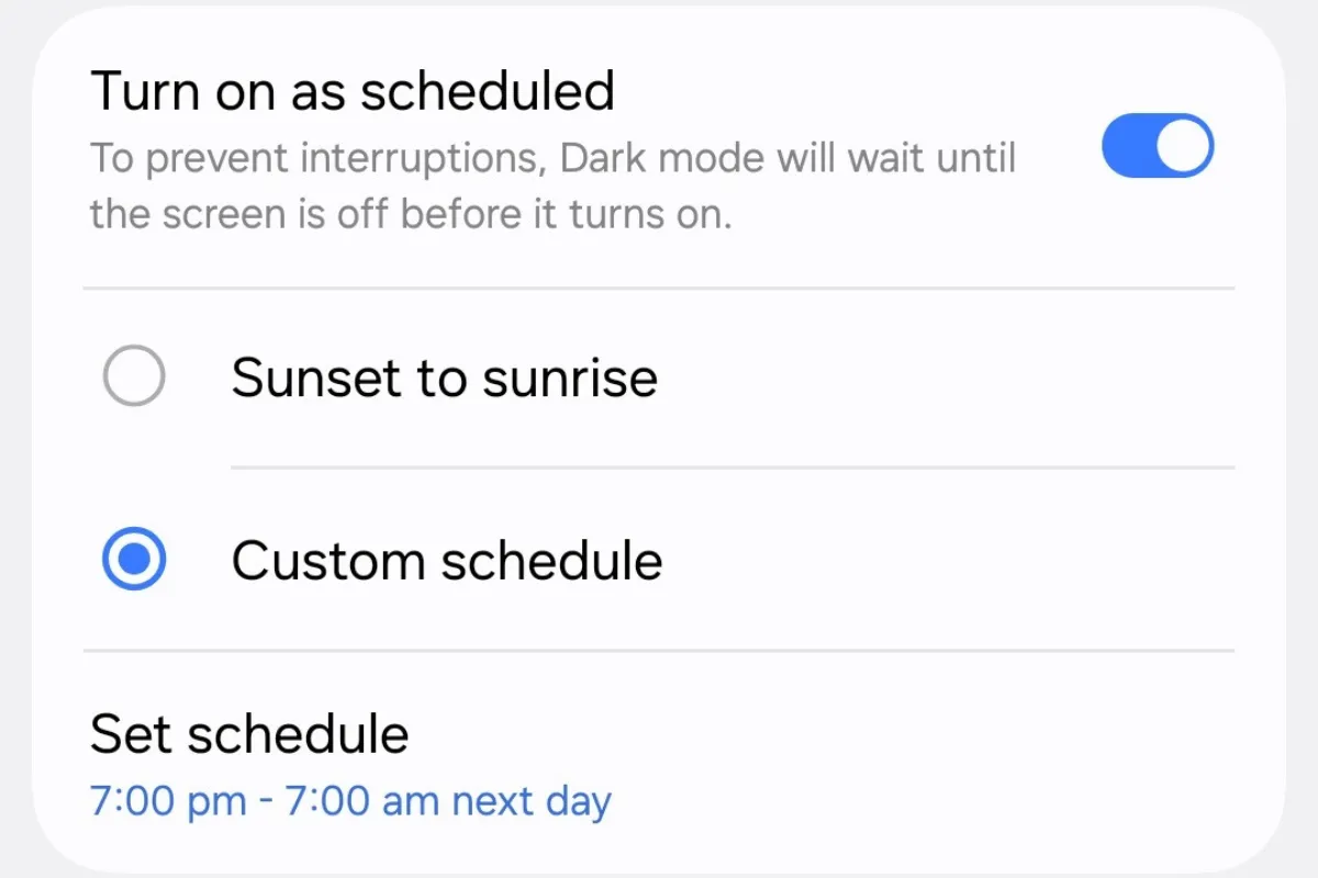 Lên lịch bật/tắt tự động cho chế độ Tối (Dark Mode) trên Galaxy S25