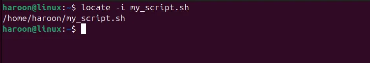 Lệnh locate tìm kiếm file my_script.sh trong terminal Ubuntu