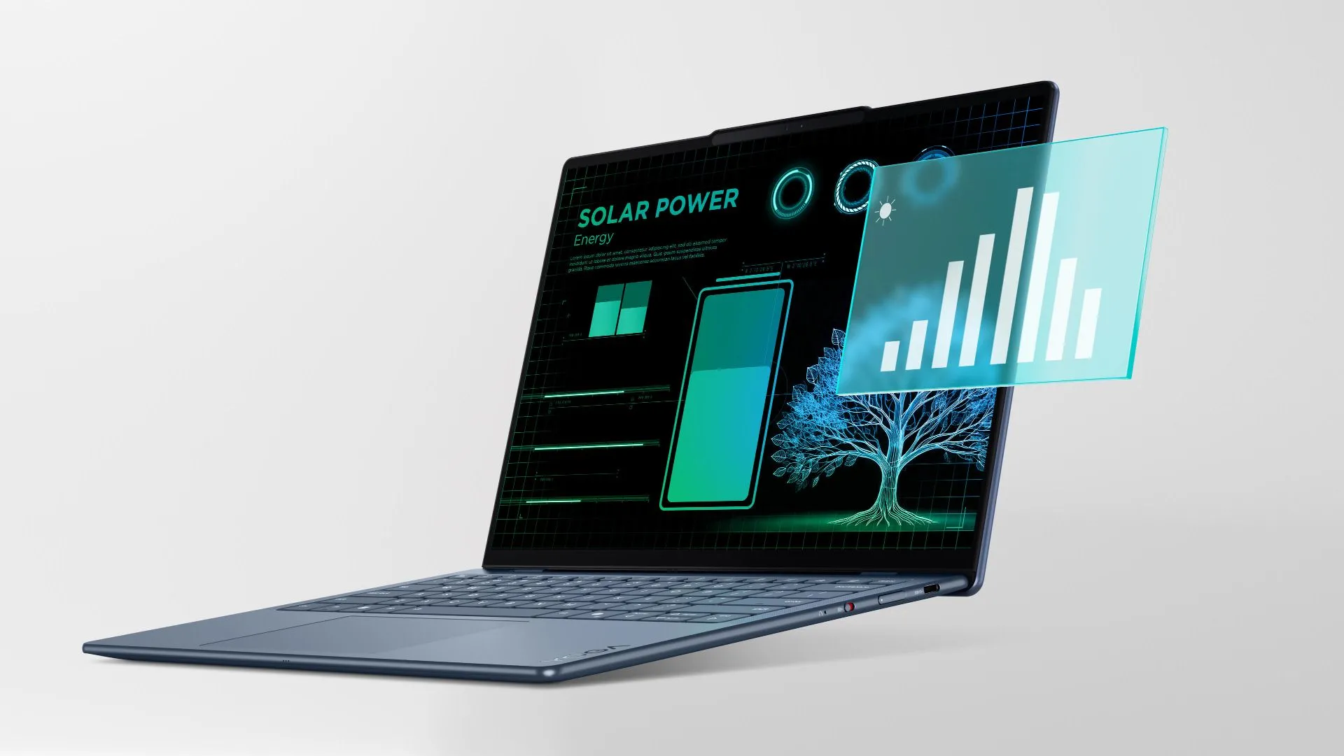 Lenovo Yoga Solar PC hiển thị thông tin sử dụng năng lượng mặt trời trên màn hình