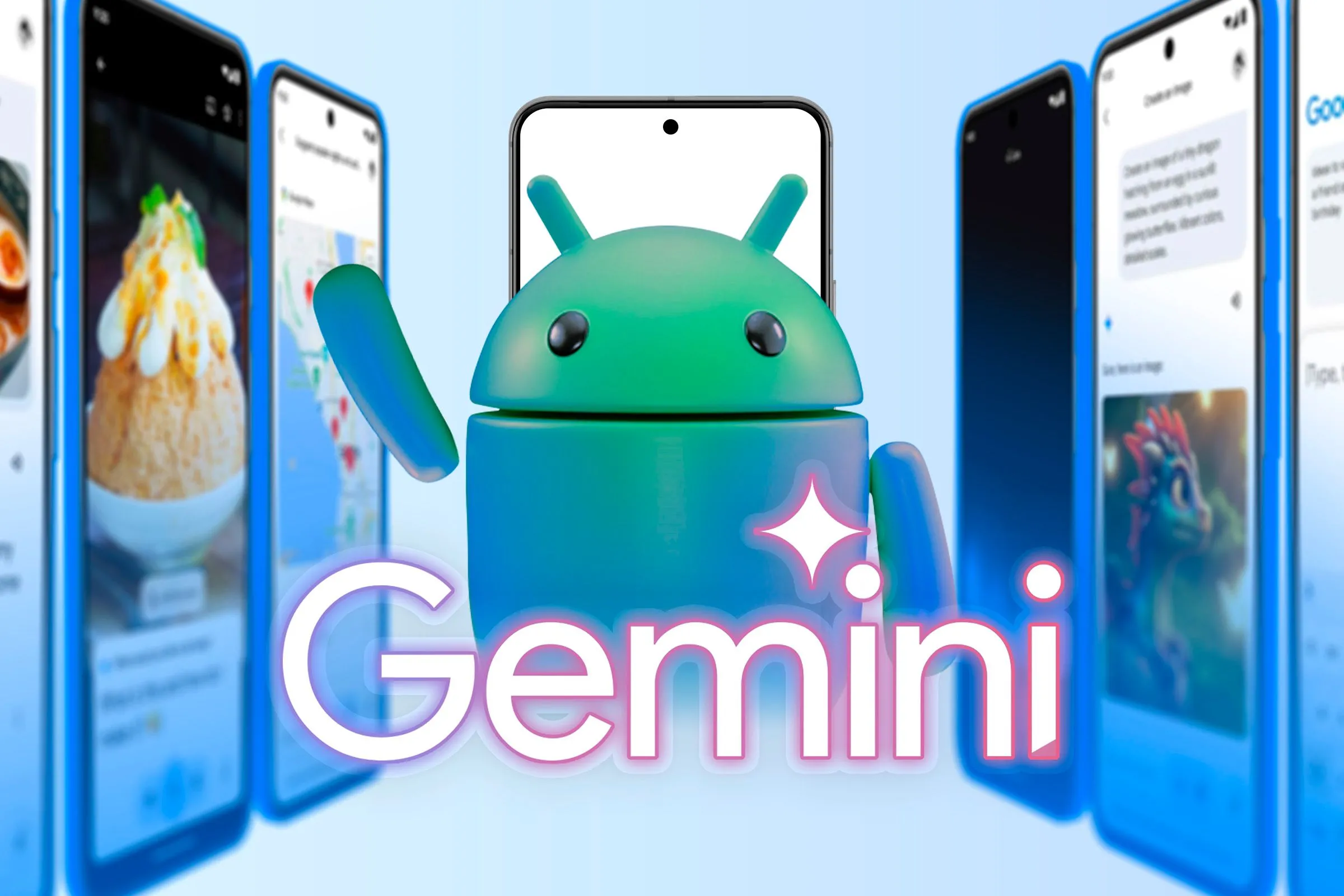 Linh vật Android với logo Gemini thể hiện sự tích hợp AI trên nền tảng Google