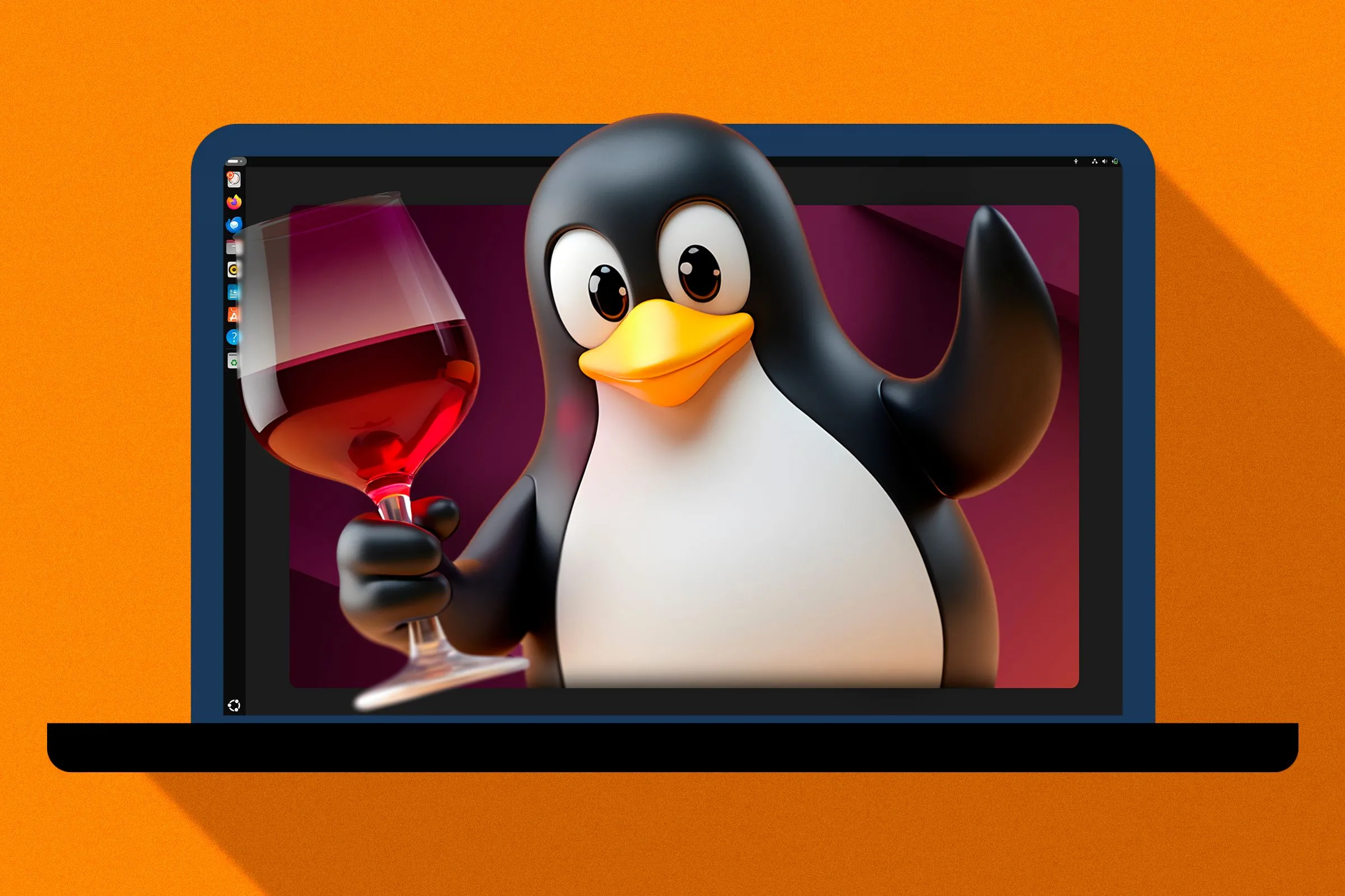Linh vật Linux đang cầm ly rượu trên màn hình laptop