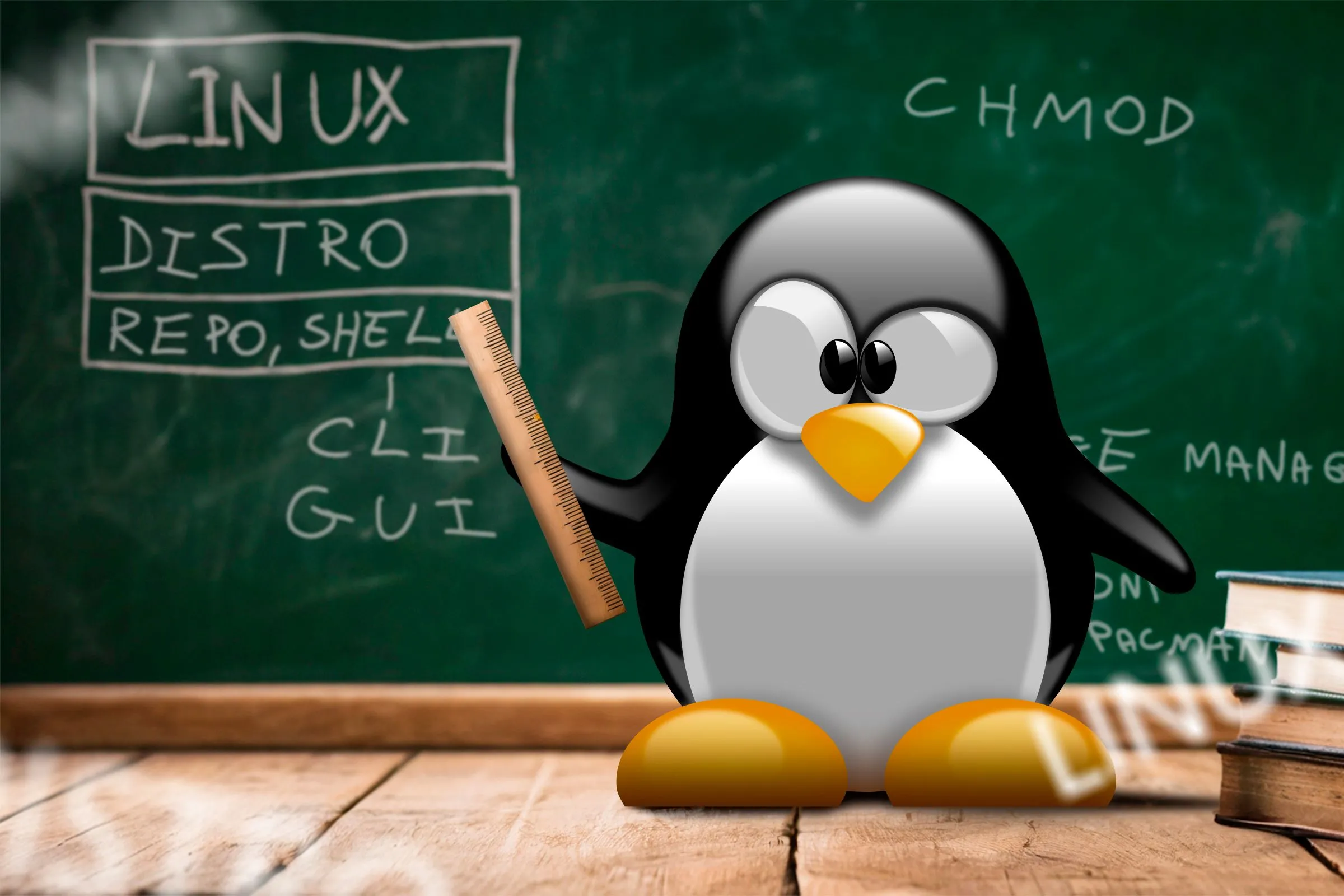 Linh vật Linux trước bảng đen đang dạy một số thuật ngữ Linux