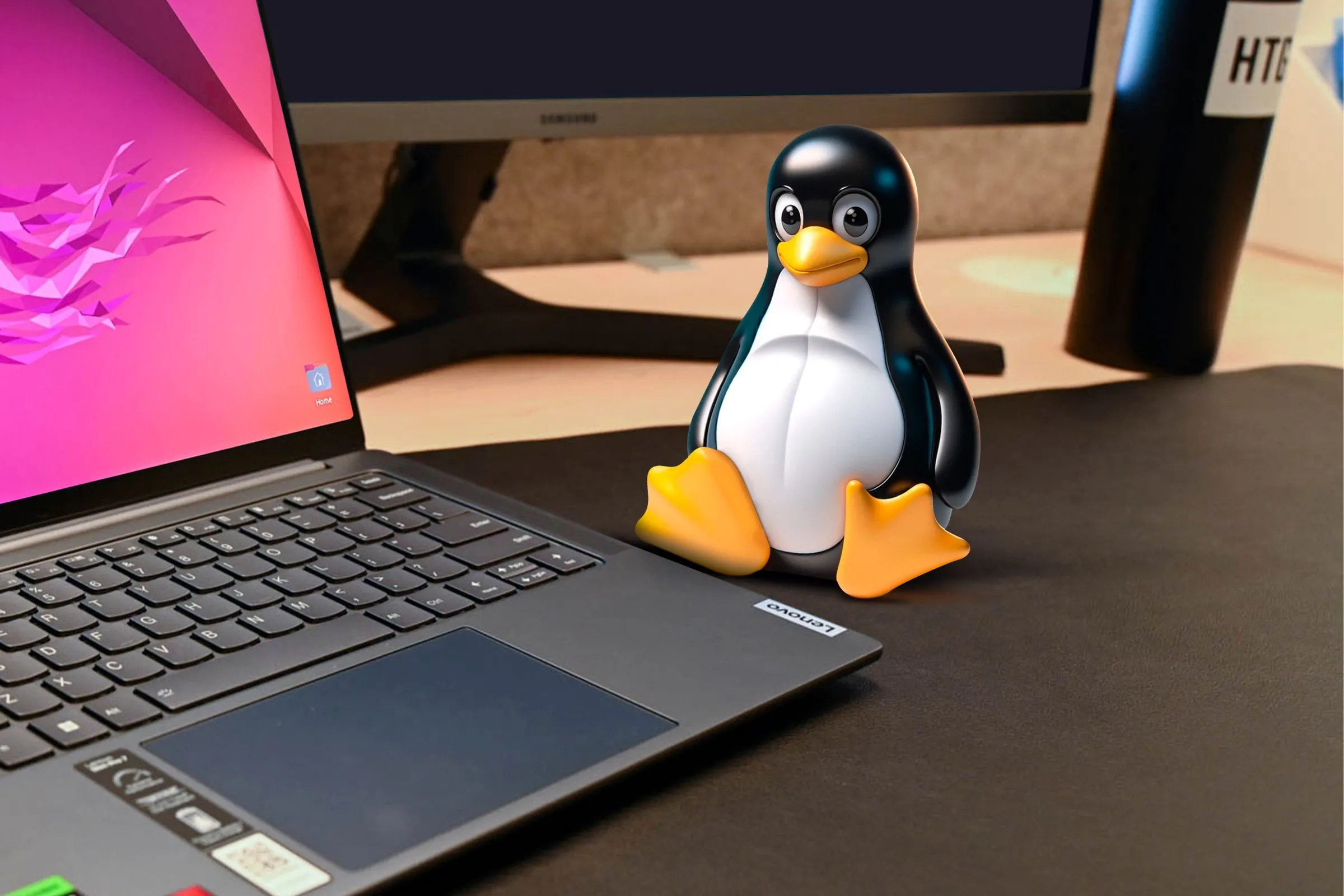 Linh vật Linux Tux ngồi cạnh laptop trên bàn làm việc.