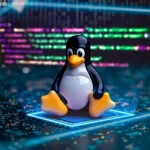 Linh vật Linux Tux trên chip vi xử lý, phía sau là mã code mờ.
