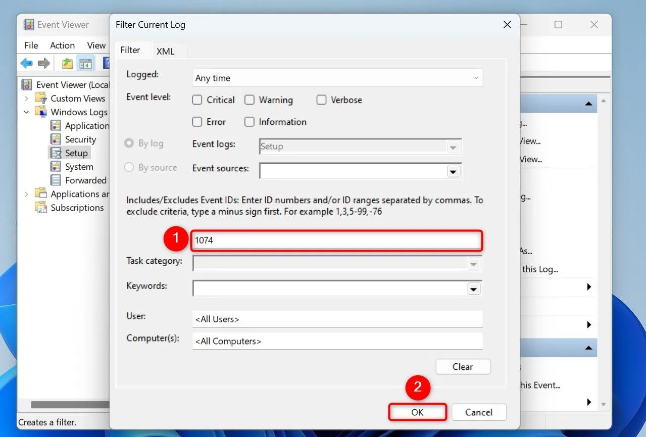 Lọc lịch sử khởi động lại PC bằng Event ID 1074 trong Event Viewer