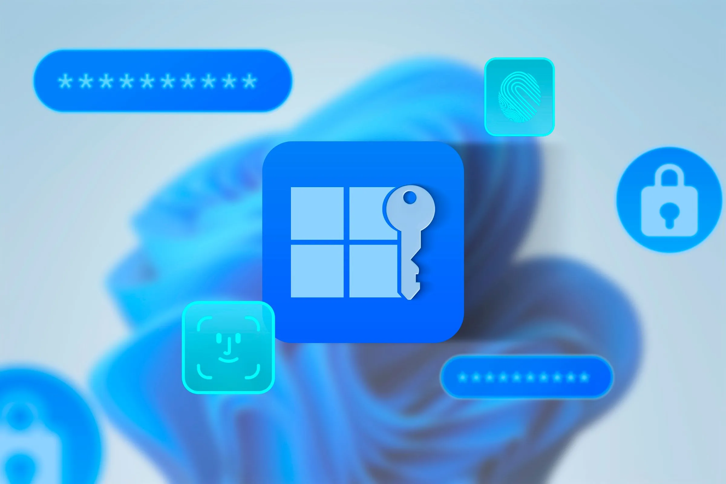 Logo Windows 11 với chìa khóa và các biểu tượng bảo mật, nhận diện khuôn mặt, minh họa cho công nghệ xác thực tương lai như Passkey.