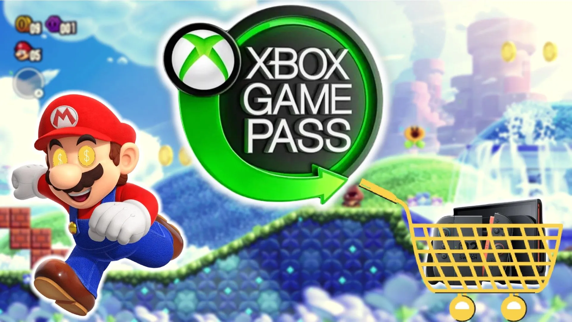 Logo Xbox Game Pass cùng hình ảnh Mario và Nintendo Switch, biểu tượng cho xu hướng game đa nền tảng và dịch vụ đăng ký.