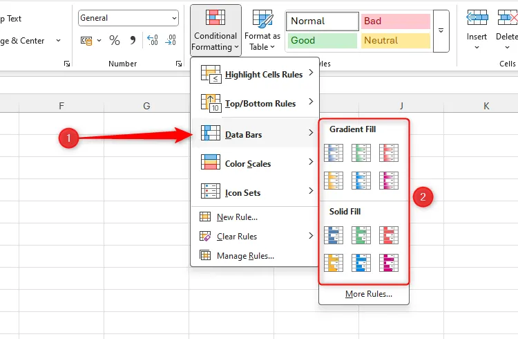 Lựa chọn Data Bars trong menu Conditional Formatting của Excel, hiển thị các tùy chọn điền màu