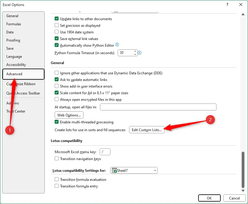 Lựa chọn Edit Custom Lists trong tab Advanced của cửa sổ Excel Options