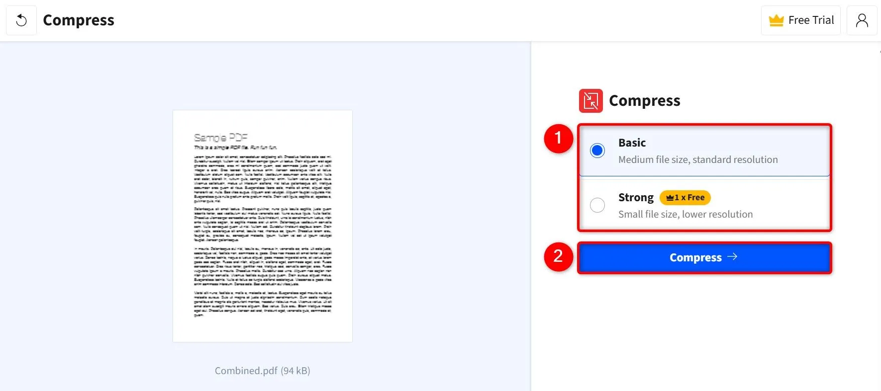 Lựa chọn mức độ nén Basic hoặc Strong trên công cụ nén PDF trực tuyến Smallpdf