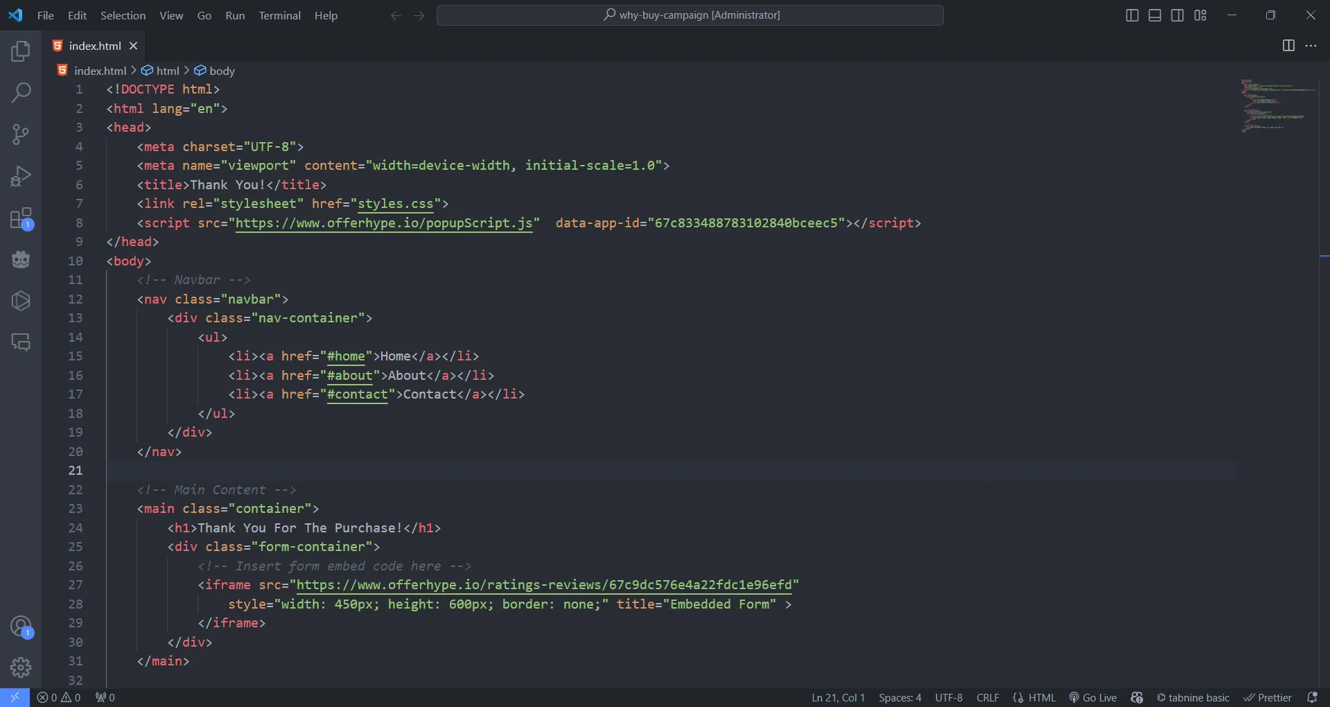 Mã HTML đang được hiển thị trong môi trường lập trình Visual Studio Code, thể hiện tính năng soạn thảo code