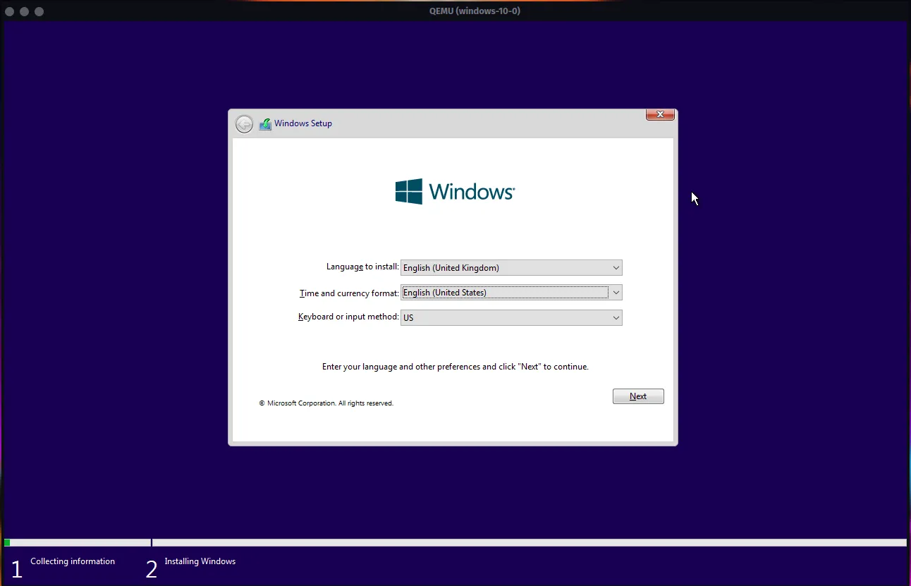 Màn hình cài đặt Windows 10 đang diễn ra trong ứng dụng QEMU được quản lý bởi Quickemu.
