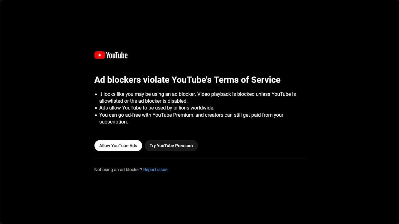 Màn hình cảnh báo YouTube về việc không cho phép sử dụng trình chặn quảng cáo