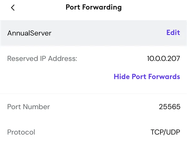 Màn hình cấu hình cài đặt chuyển tiếp cổng (port forwarding) trên giao diện quản lý router, minh họa các quy tắc cần thiết để mở cổng cho server Minecraft.