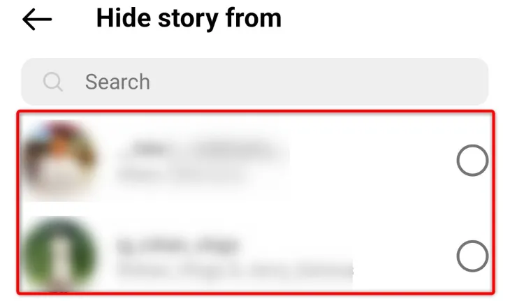 Màn hình chọn người để ẩn Story trên Instagram
