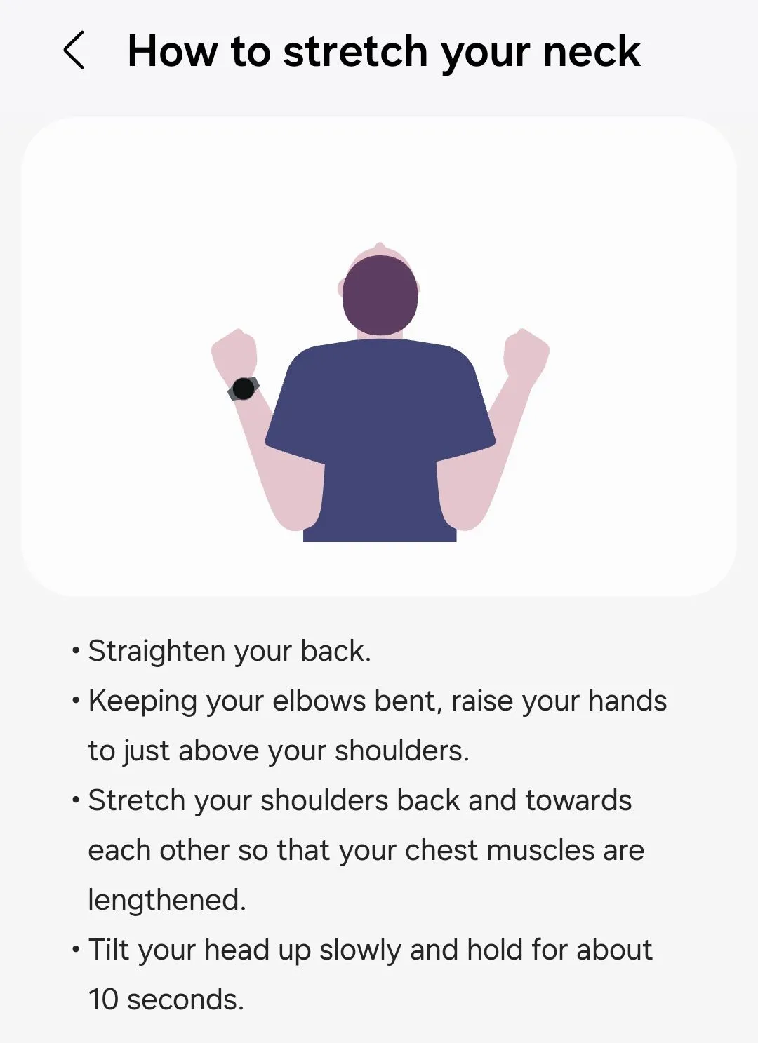 Màn hình điện thoại hiển thị các bài tập duỗi cổ đơn giản trong ứng dụng Galaxy Wearable, minh họa tính năng nhắc nhở tư thế trên Galaxy Buds.