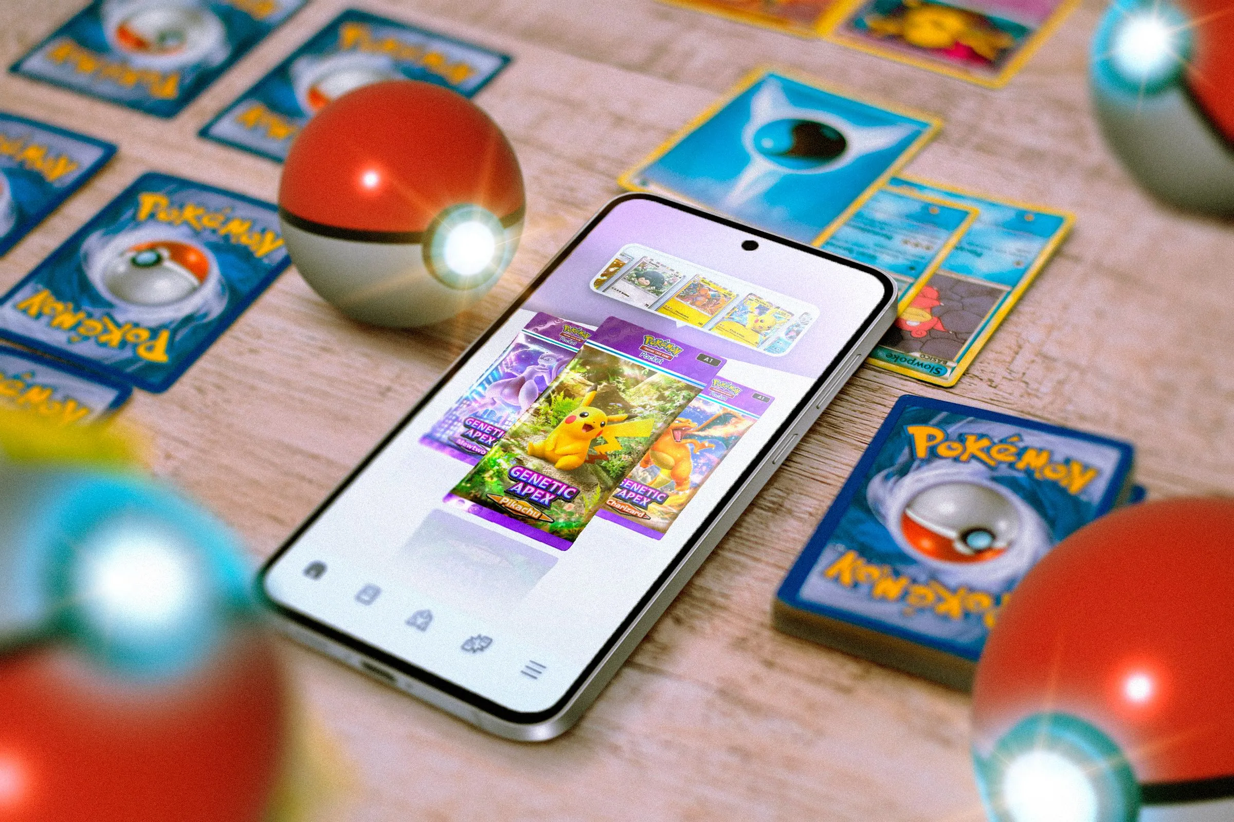 Màn hình điện thoại hiển thị game Pokémon TCG Pocket với các lá bài và Poké Ball, minh họa game tiềm năng cho Switch 2.
