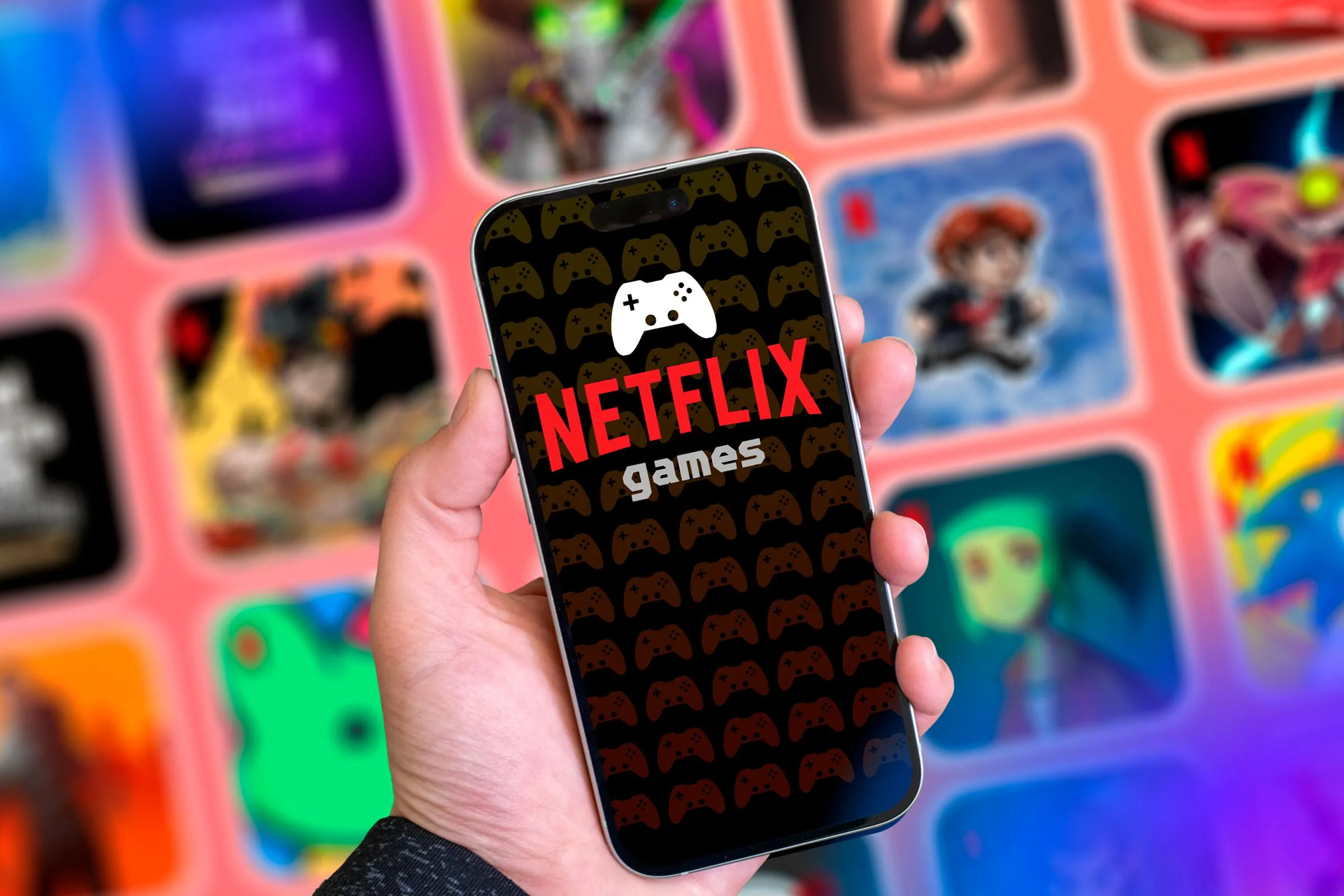 Màn hình điện thoại hiển thị mục 'Netflix games' với các tựa game nổi bật trong nền, minh họa thư viện trò chơi phong phú của Netflix.