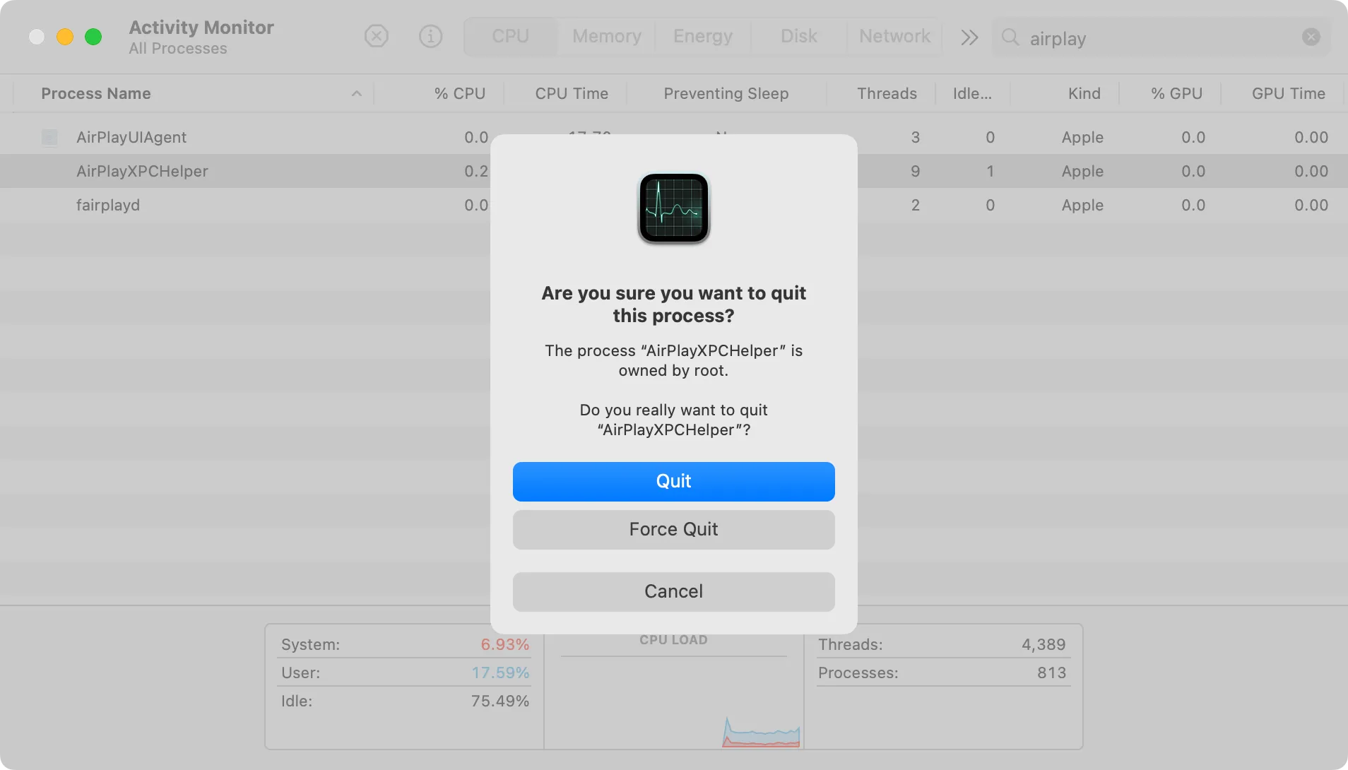 Màn hình Giám sát Hoạt động (Activity Monitor) trên macOS, hiển thị việc tắt tiến trình AirPlayXPCHelper để khắc phục lỗi AirPlay