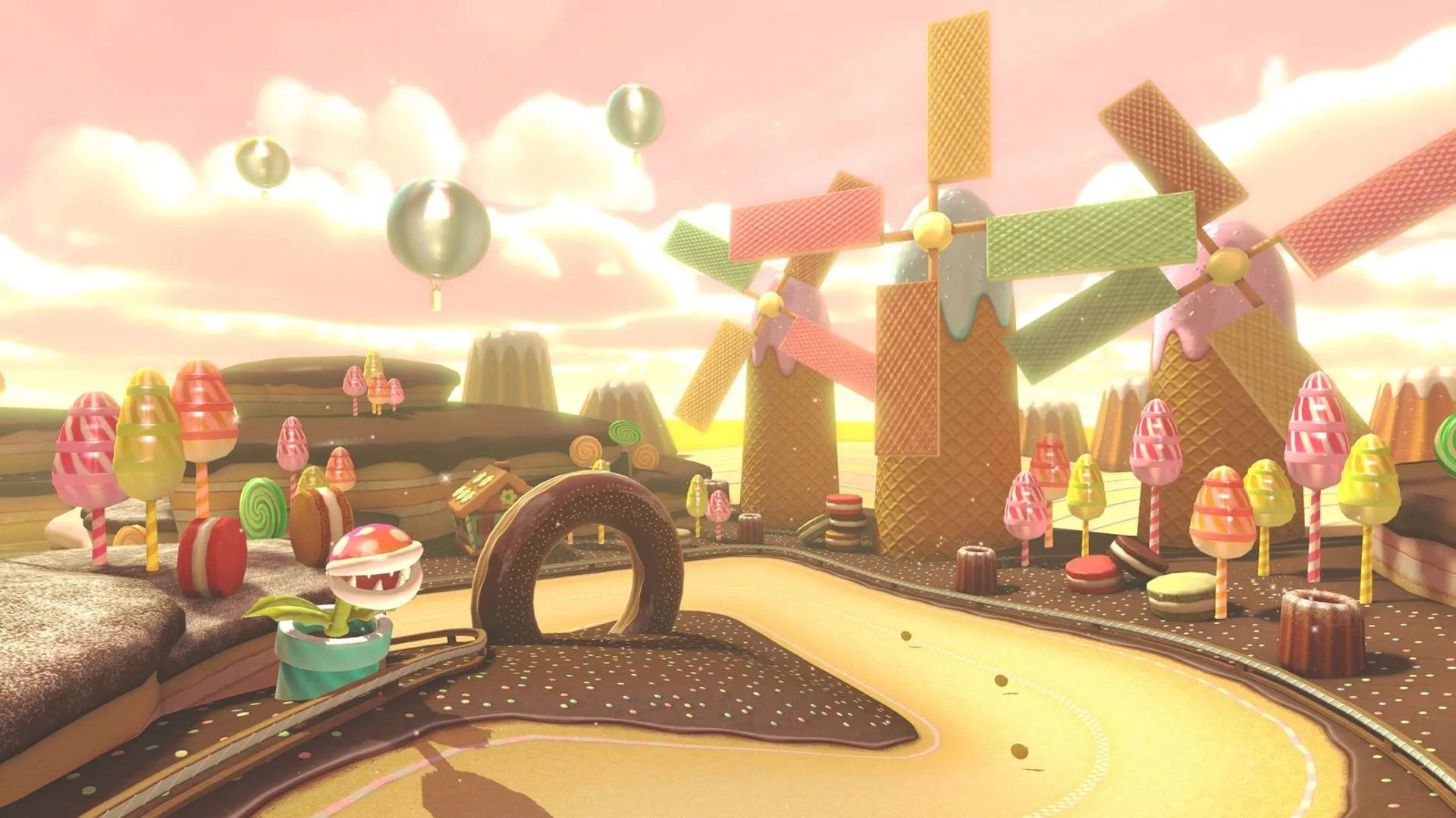Màn hình giới thiệu đường đua Sweet Sweet Canyon trong Mario Kart 8 Deluxe với phong cách kẹo ngọt