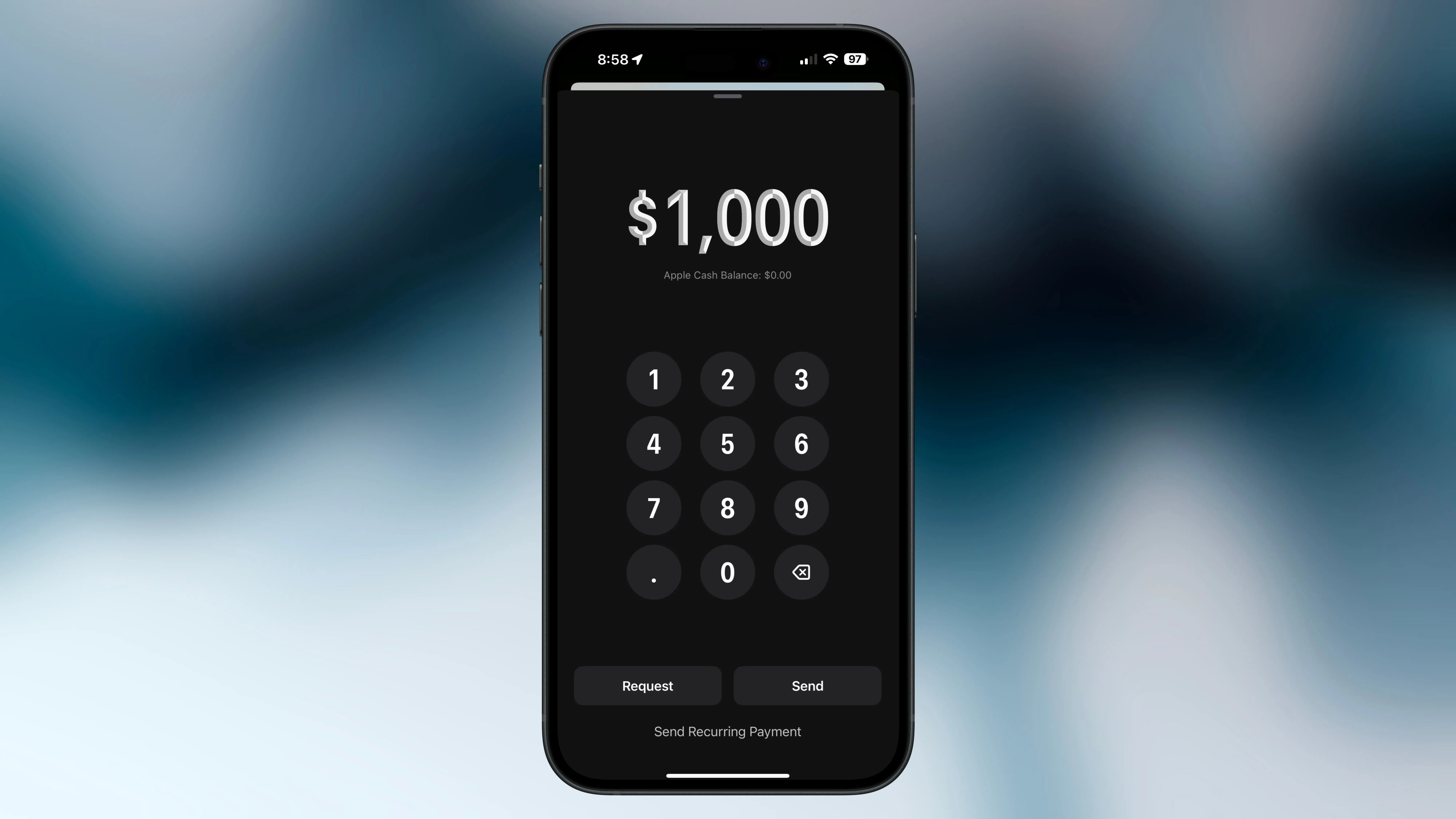 Màn hình gửi tiền qua Apple Pay, ví dụ về cách đóng góp cho Cash App Pools.