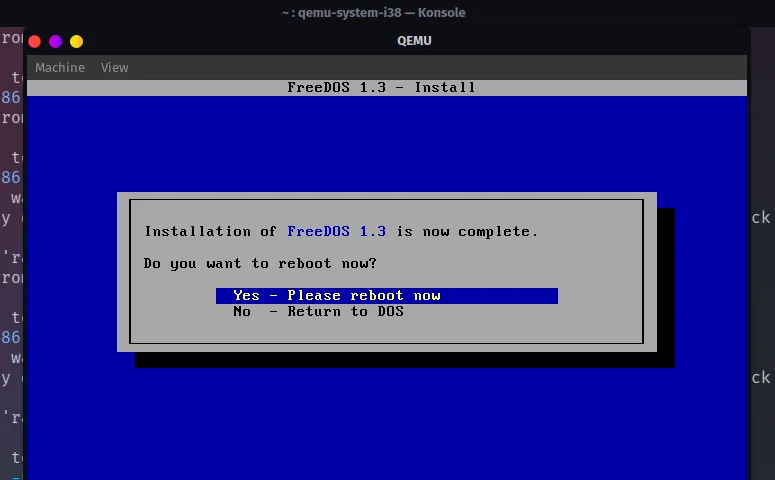 Màn hình hoàn tất cài đặt FreeDOS trong máy ảo QEMU