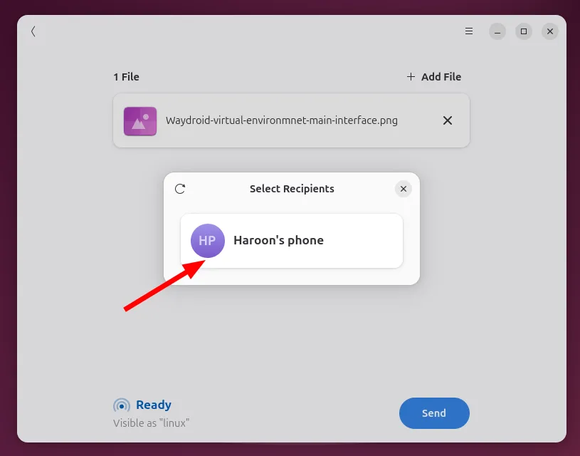 Màn hình Packet trên Linux, hiển thị danh sách các thiết bị Android khả dụng để chọn gửi file.