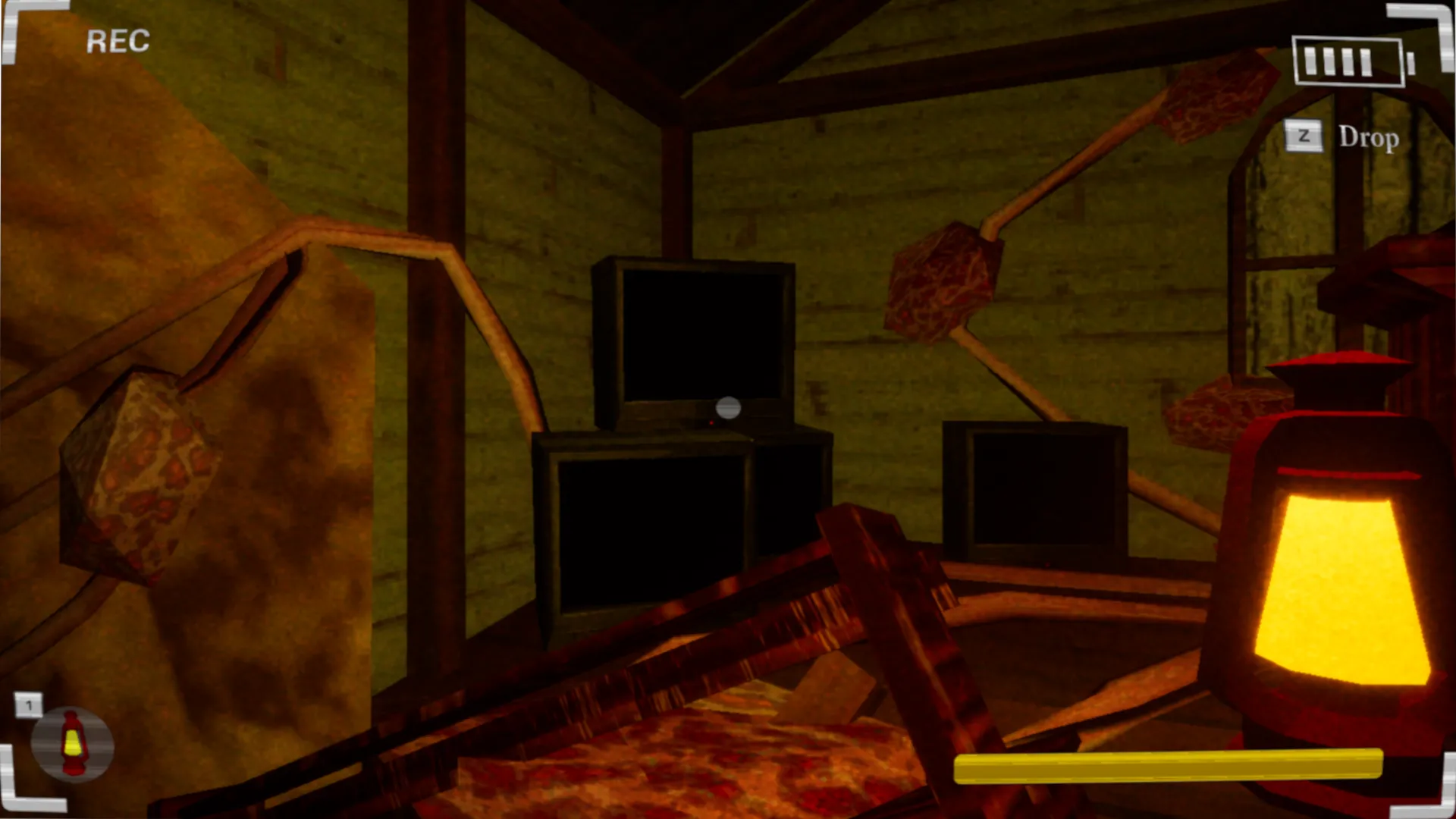 Màn hình trò chơi Desecration, một tựa game kinh dị indie với đồ họa phong cách PS1, nơi người chơi khám phá đường hầm đầy xác thịt thối rữa.