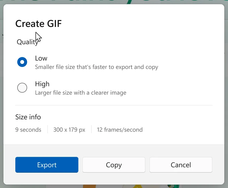 Màn hình tùy chọn xuất ảnh GIF trong công cụ Snipping Tool mới của Windows.