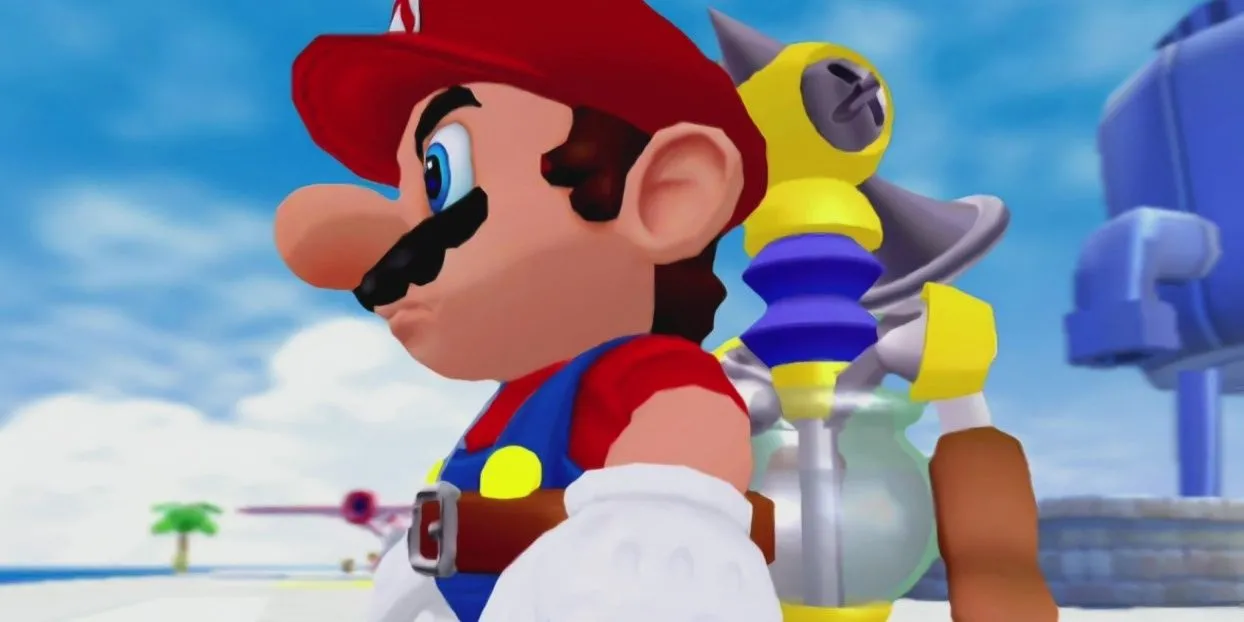 Mario cùng thiết bị F.L.U.D.D. phun nước trong Super Mario Sunshine