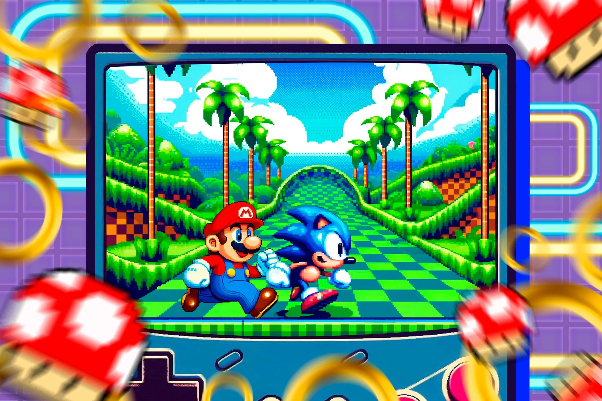 Máy chơi game cầm tay cổ điển hiển thị Mario và Sonic, biểu tượng của kỷ nguyên game 2D.