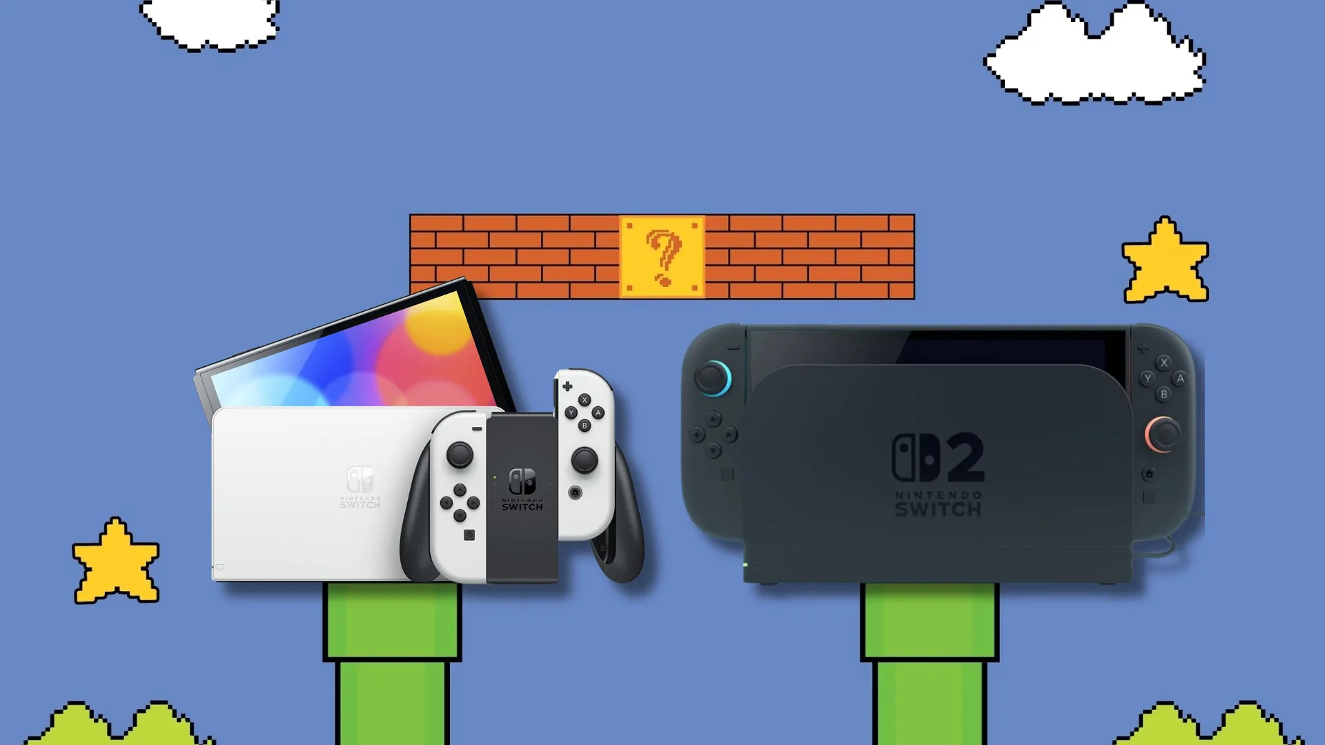 Máy chơi game Nintendo Switch OLED và Nintendo Switch 2 đặt cạnh nhau trên phông nền Super Mario, thể hiện sự chuyển giao giữa hai thế hệ console của Nintendo.