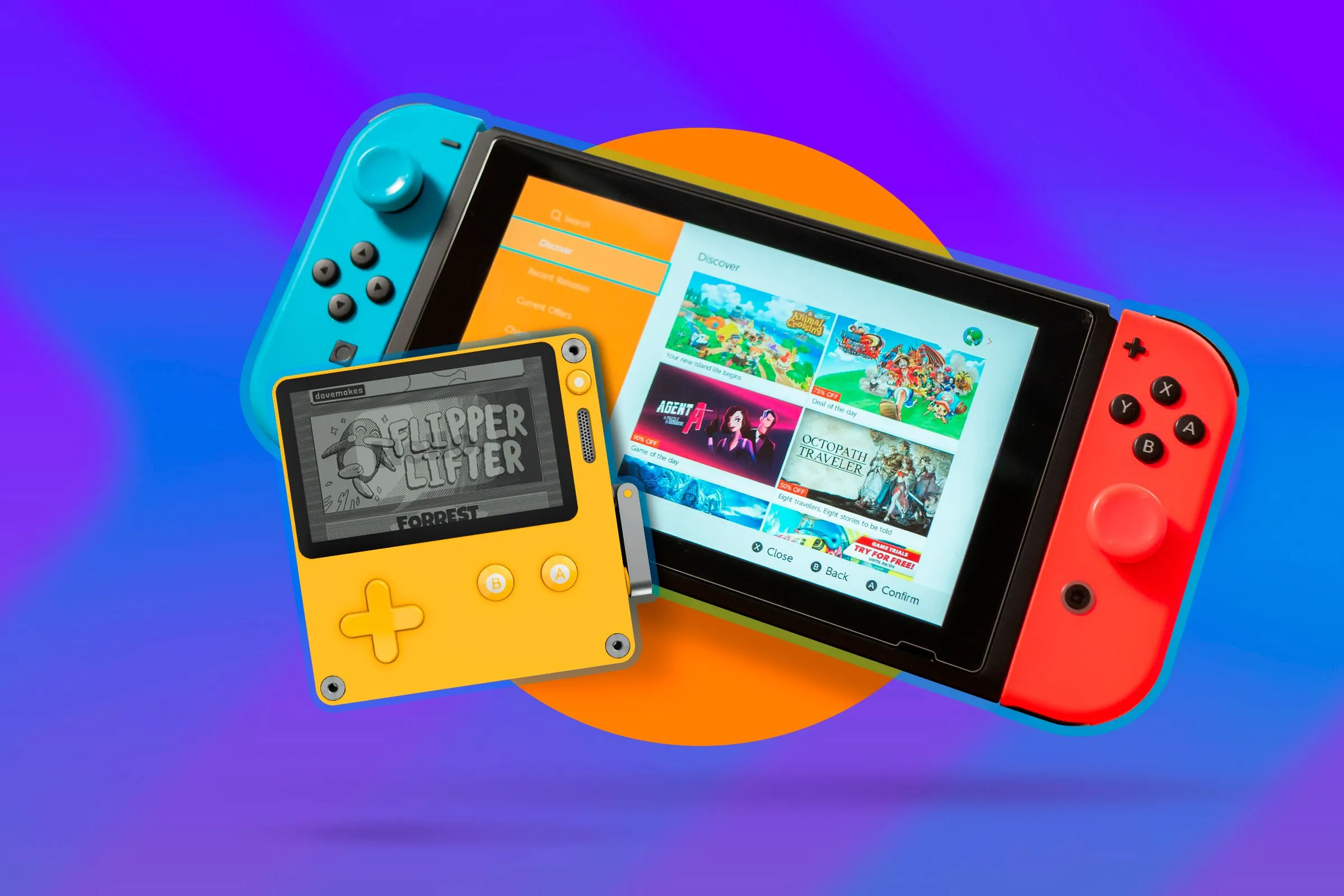 Máy chơi game Playdate màn hình 1-bit đặt cạnh Nintendo Switch.