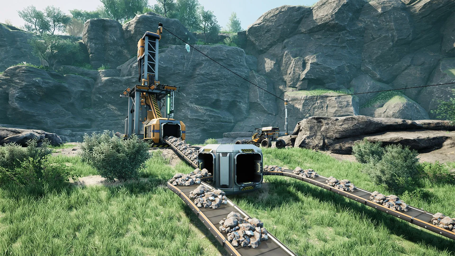 Máy khai thác tài nguyên (Miner) với bộ chia (Splitter) trong Satisfactory