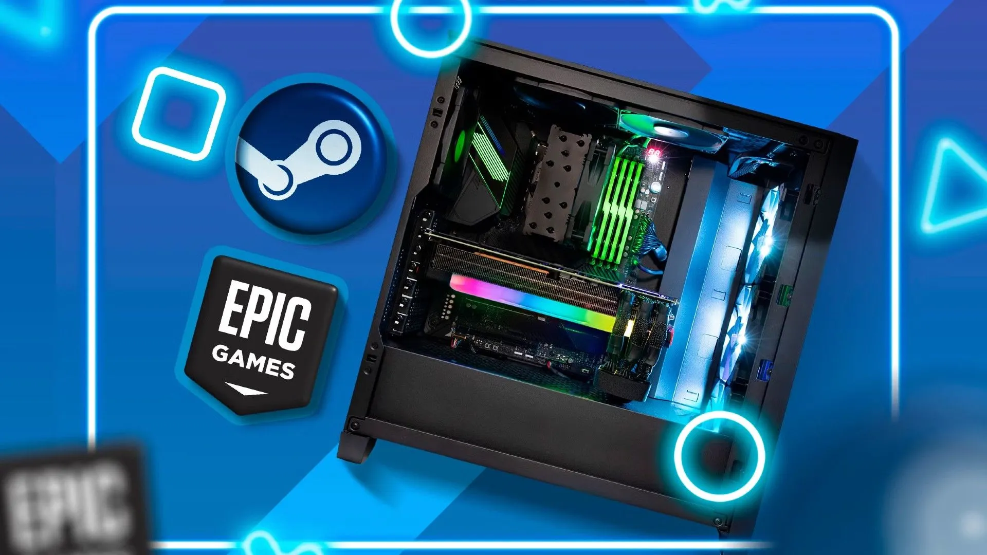 Máy tính chơi game với logo của Epic Games và Steam cạnh nhau