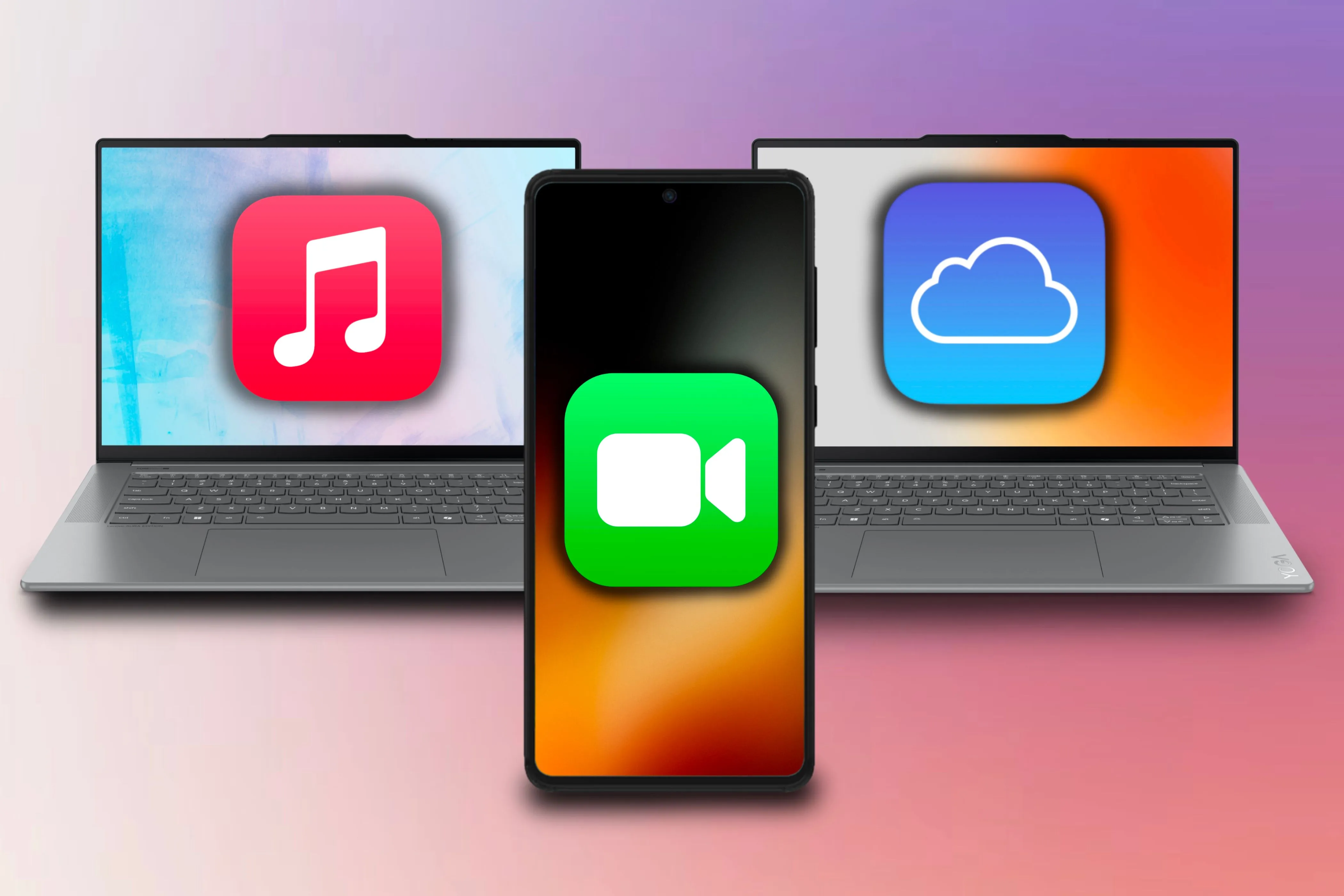 Máy tính Windows và điện thoại Android hiển thị các biểu tượng dịch vụ Apple như Apple Music, iCloud và FaceTime, thể hiện khả năng truy cập đa nền tảng