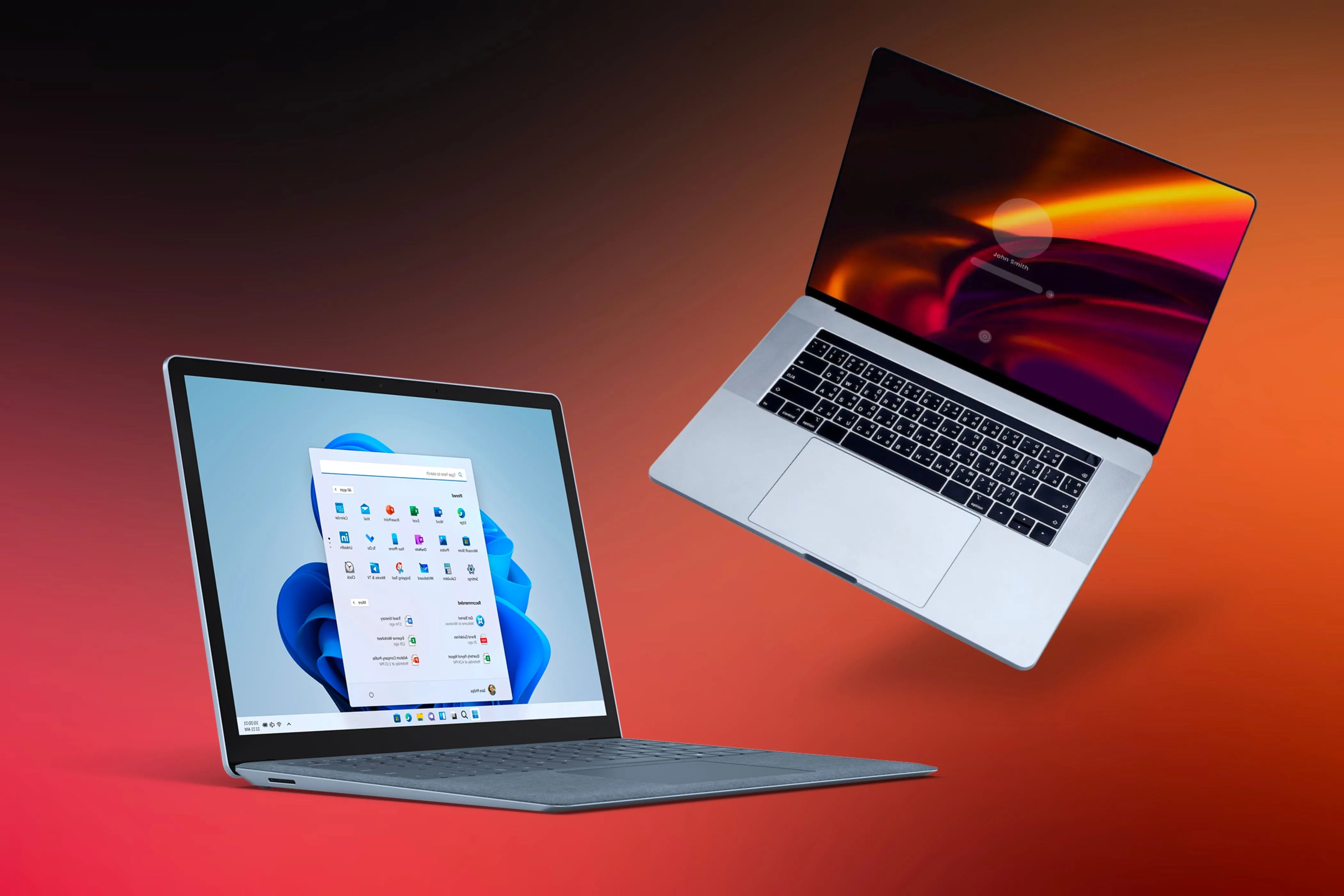 Máy tính Windows và MacBook đặt cạnh nhau, tượng trưng cho sự kết nối và thuận tiện khi truy cập dịch vụ Apple trên cả hai hệ điều hành