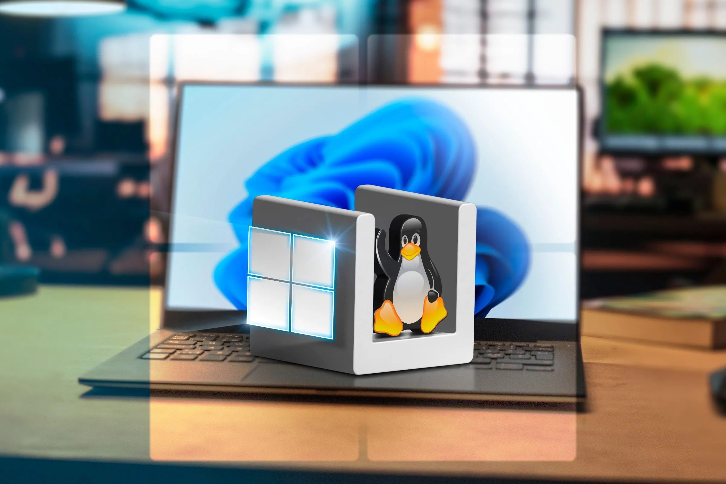 Máy tính xách tay chạy Windows 11 với biểu tượng Windows và Linux, minh họa sự tích hợp của WSL.