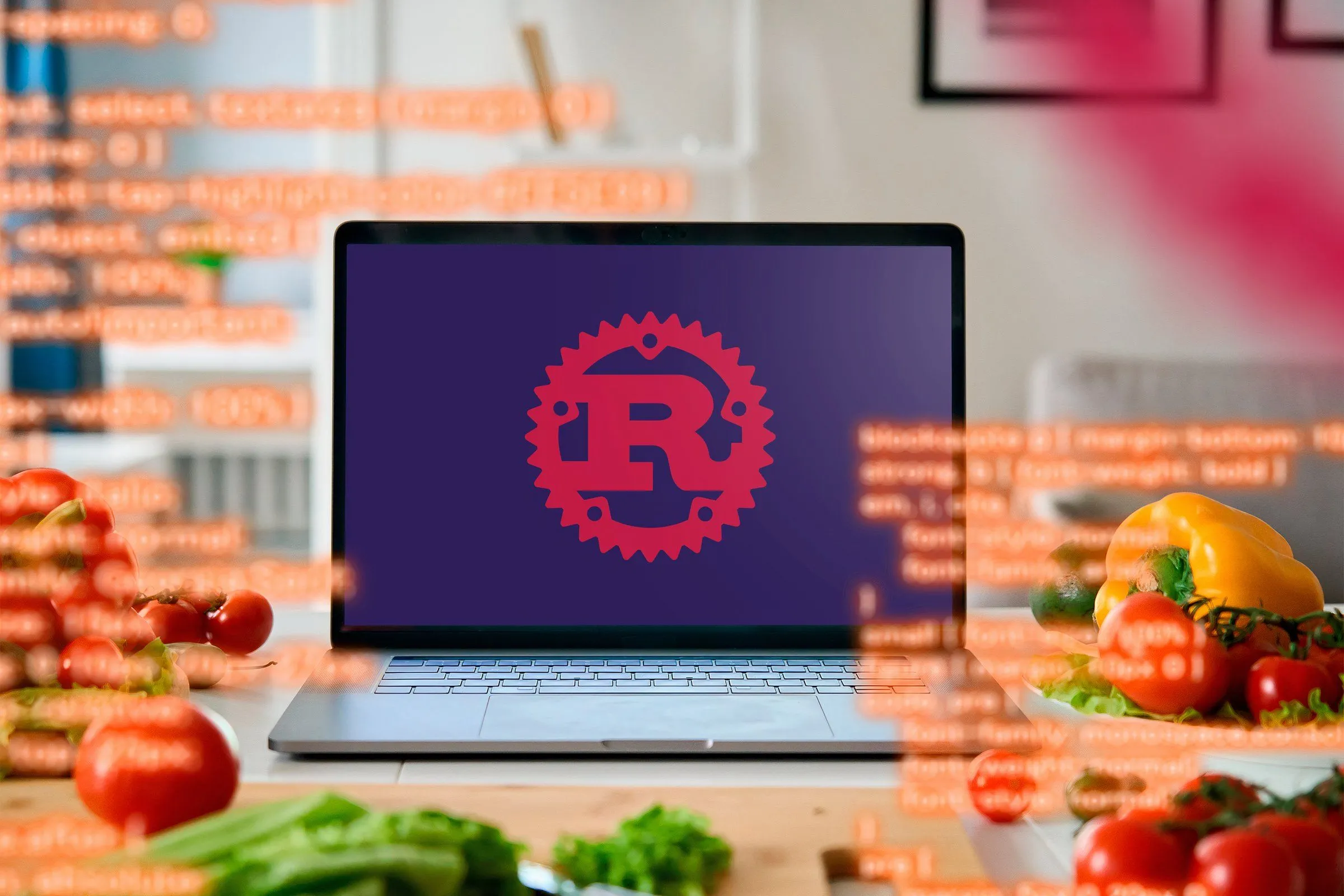 Máy tính xách tay hiển thị logo ngôn ngữ lập trình Rust, minh họa cho việc phát triển ứng dụng bằng Rust.