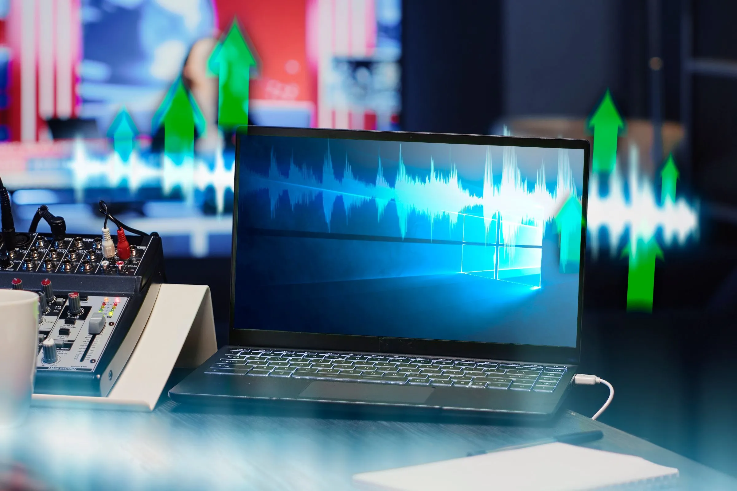 Máy tính xách tay hiển thị sóng âm thanh, tượng trưng cho chất lượng âm thanh PC