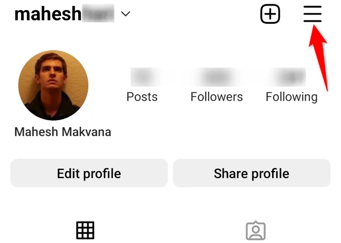 Menu ba gạch ngang (hamburger menu) trong hồ sơ Instagram