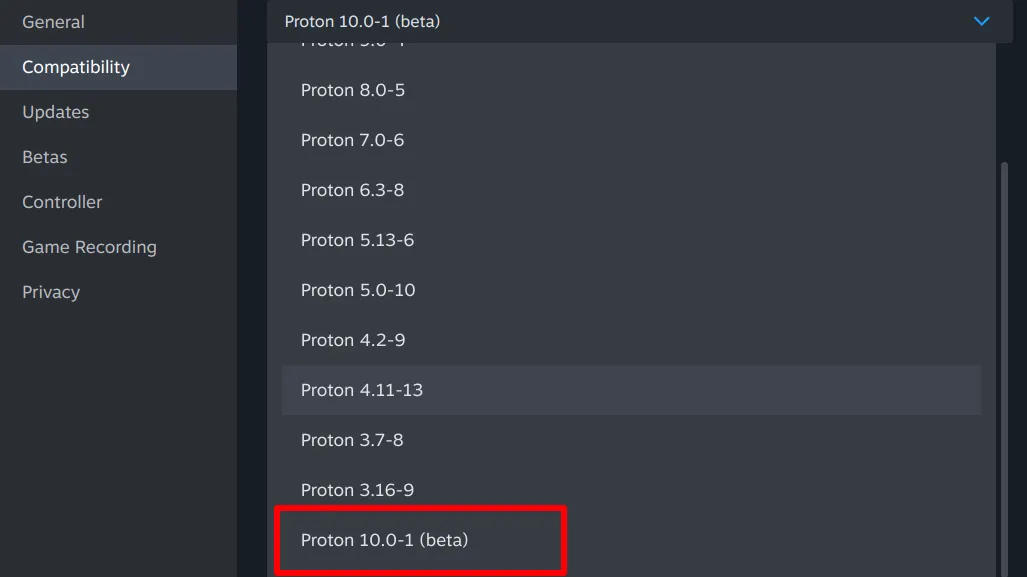 Menu cài đặt tương thích Steam hiển thị các phiên bản Proton, với tùy chọn Proton 10.0-1 (beta) được đánh dấu để trải nghiệm.