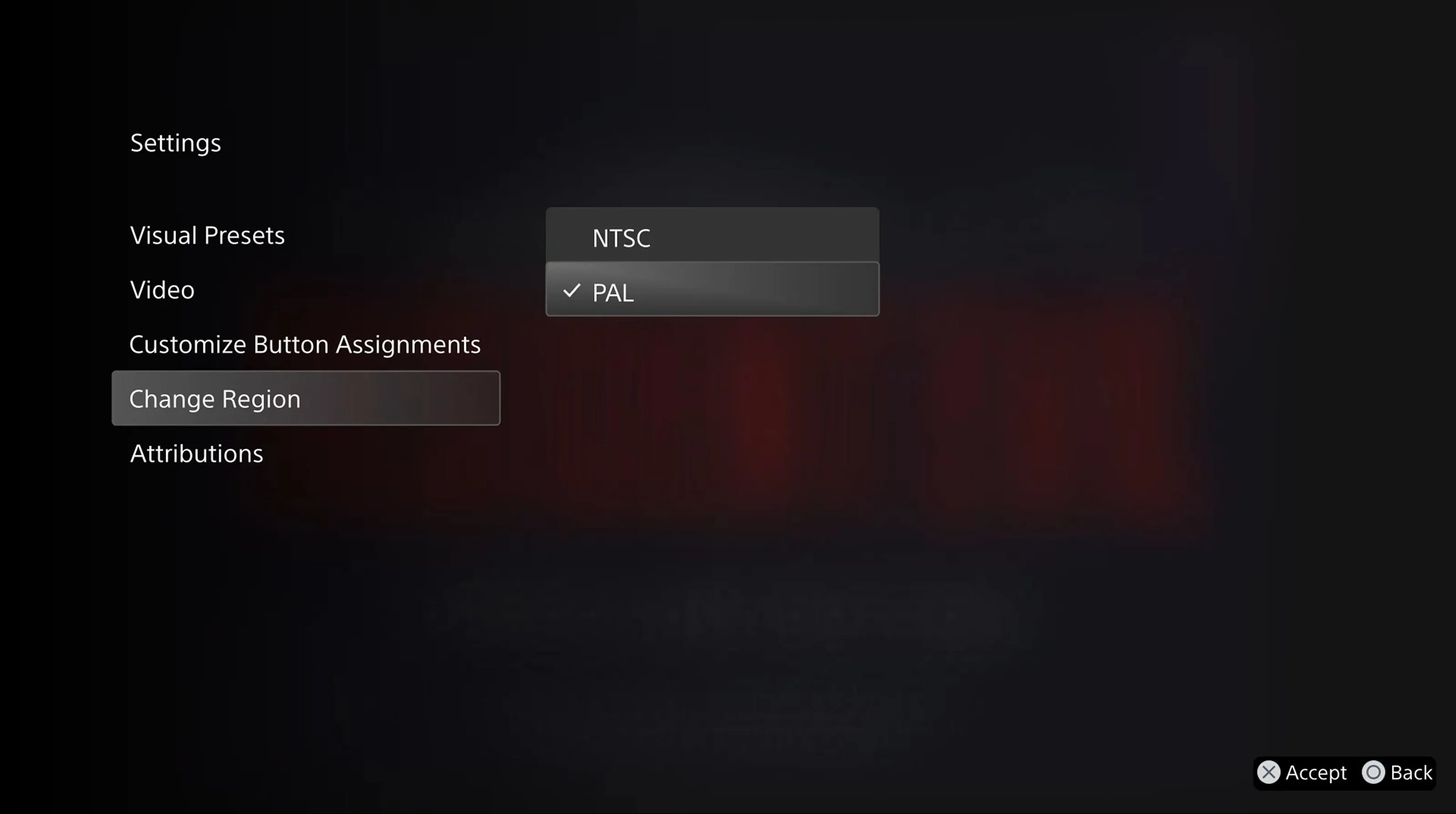 Menu &quot;Change Region&quot; (Thay đổi vùng) trong cài đặt giả lập PlayStation Classics.