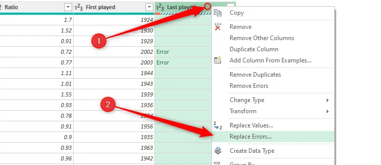 Menu chuột phải của cột trong Power Query Editor hiển thị tùy chọn &quot;Replace Errors&quot; để xử lý lỗi dữ liệu.