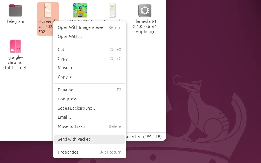 Menu chuột phải trong trình quản lý file Nautilus trên Linux, hiển thị tùy chọn &quot;Gửi bằng Packet&quot; để chia sẻ file.