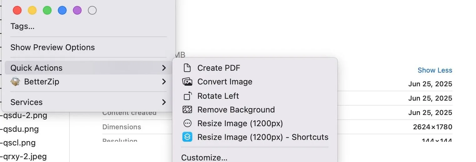 Menu Quick Actions sau khi chọn tệp hình ảnh trong ứng dụng Finder trên Mac.