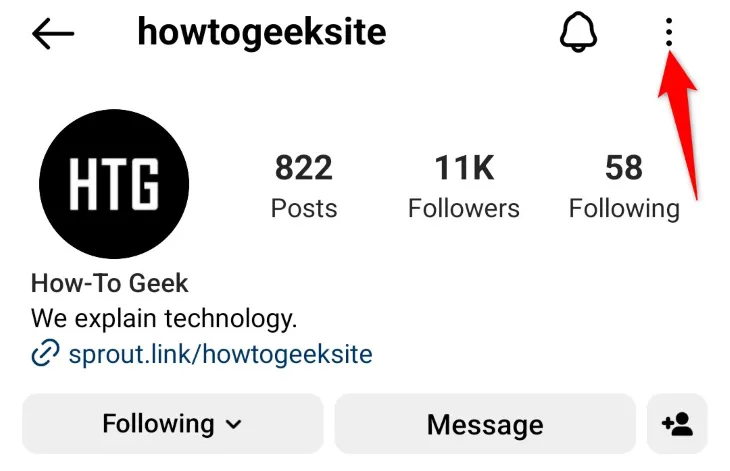 Menu tùy chọn hồ sơ người dùng trên Instagram