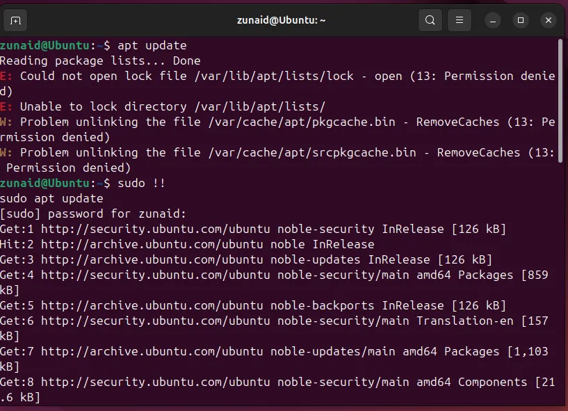Mẹo Linux terminal: Sử dụng sudo !! để chạy lại lệnh trước đó với quyền root.